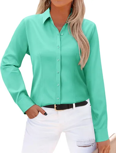 Vista 28 de Gleeivy - Camisas abotonadas para mujer, sin arrugas, de manga larga, camisas de vestir casuales con cuello V, ajustadas, de un solo