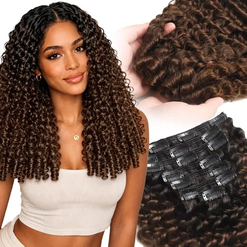 Vista 10 de Extensiones de cabello humano Remy rizado birmano con clip, color negro #1B Natural negro