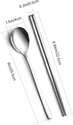 Vista 2 de Juego de 4 palillos y cucharas coreanas, juego de metal de acero inoxidable, juego de mango largo plano reutilizable para el hogar, cocina