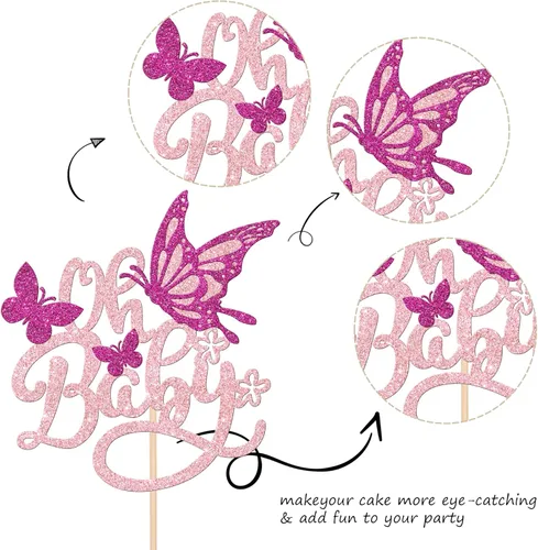 Vista 3 de 1 pieza de decoración de pastel de mariposa Oh Baby con purpurina para baby shower, mariposa para revelación de género, baby shower, fiesta
