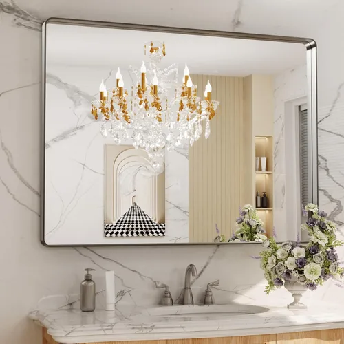 Vista 7 de LOAAO 20x16 Pulgadas Espejo de Baño con Marco de Metal Negro para Pared, Espejo de Tocador de Baño de Estilo Granja, Espejo Grande Rectangular