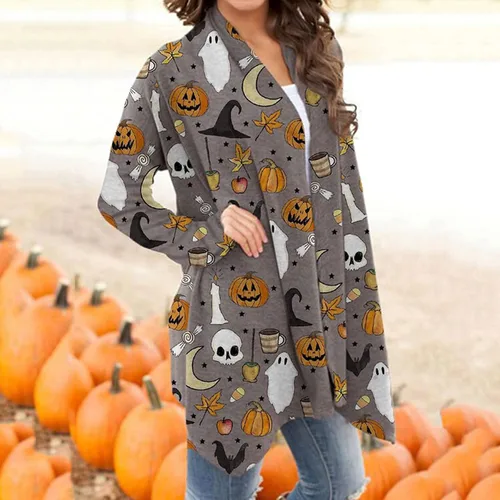 Vista 2 de kinstell Cárdigan de manga larga para mujer, diseño de calabaza, animal, gato negro, fantasma, abrigo ligero