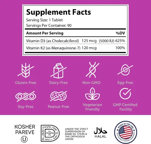 Vista 3 de Zahler - Suplemento masticable de vitamina D3 y K2 (90 unidades) - Certificado Kosher K2 D3 Vitamina 5000 UI Deliciosa tableta masticable - Vitamina