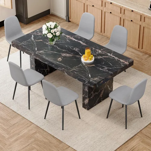 Vista 53 de gopop Mesa de comedor de mármol de 63 pulgadas, tablero de mesa de comedor MDF con patrón de mármol y base para cocina y comedor.
