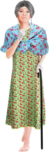 Vista 6 de Yingzhao 20 piezas de disfraz de anciana de Halloween para abuela, peluca de abuelita, vestido de tatuajes antiarrugas con rodillos, gafas de caña