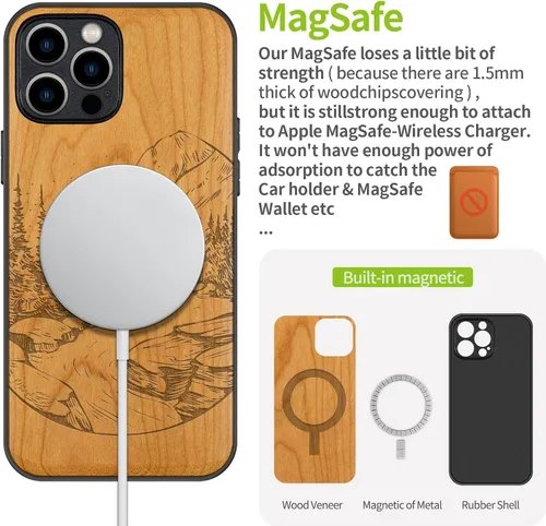 Vista 5 de Carveit Funda magnética de madera para iPhone 12 Pro [madera natural y TPU suave negro] a prueba de golpes, funda protectora de madera única