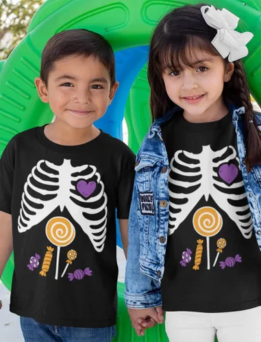 Vista 3 de Camisa de esqueleto con hilo dental con cabeza de calabaza, para danza, divertidas camisas de Halloween para jóvenes, niños y niñas
