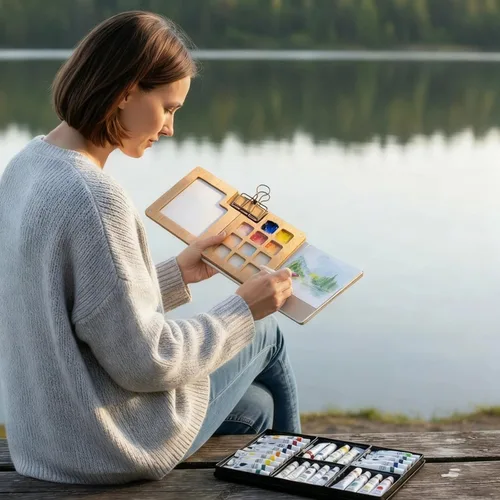 Vista 6 de Mini juego de pintura de acuarela, kit de viaje de mini paleta de pintura, juegos de paleta de artistas portátiles con 24 colores, 2 libros