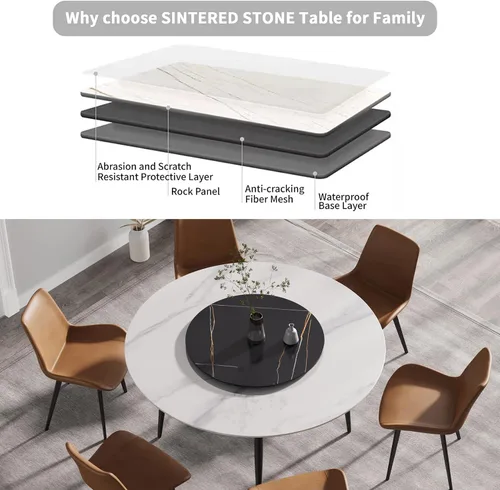 Vista 7 de Mesa de comedor moderna con tocadiscos desmontable, mesa de comedor de mármol de piedra sinterizada con patas de metal, mesa de cocina
