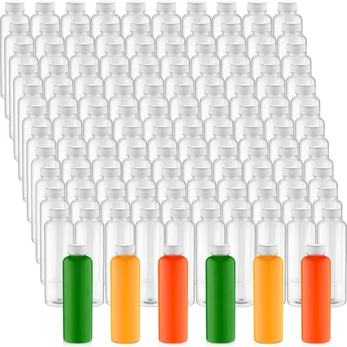 Vista 10 de Tanlade - Paquete de 200 botellas de plástico para jugo con tapas reutilizables, 8 onzas, color negro Empty PET Drink Containers, Leak-proof Lids