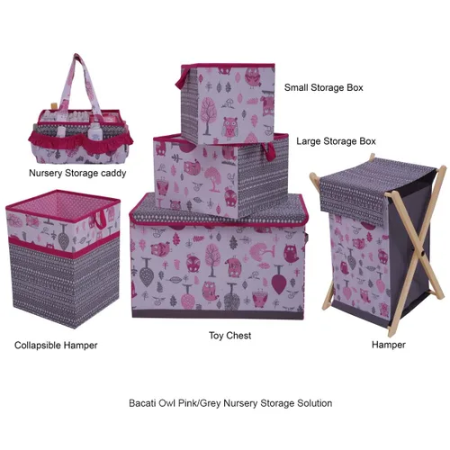 Vista 8 de Bacati Owls - Caja de almacenamiento de algodón para niñas, color rosa y gris
