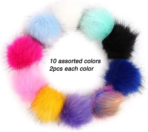 Vista 4 de 20 pompones de piel sintética coloridos, pompones de piel esponjosa de 4 pulgadas con lazo elástico para sombreros de punto, guantes, bolsas