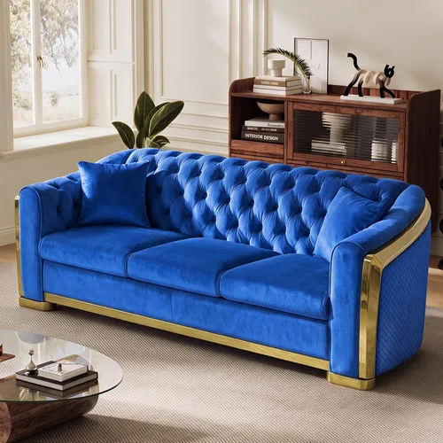 Vista 10 de DAMAIFROM Sofá Chesterfield moderno de mediados de siglo, sofá de terciopelo de 62" blanco y dorado, sofá biplaza curvo de lujo para sala de estar