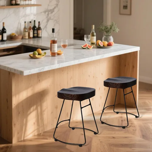 Vista 6 de Juego de 2 taburetes de bar modernos, sillas de comedor estilo rústico retro americano, taburete de bar corto de madera de mediados de siglo
