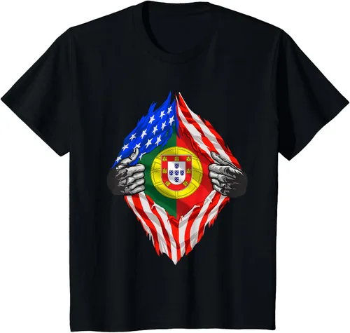 Vista 38 de Camiseta de bandera de Estados Unidos con diseño de raíces portuguesas, Negro, S