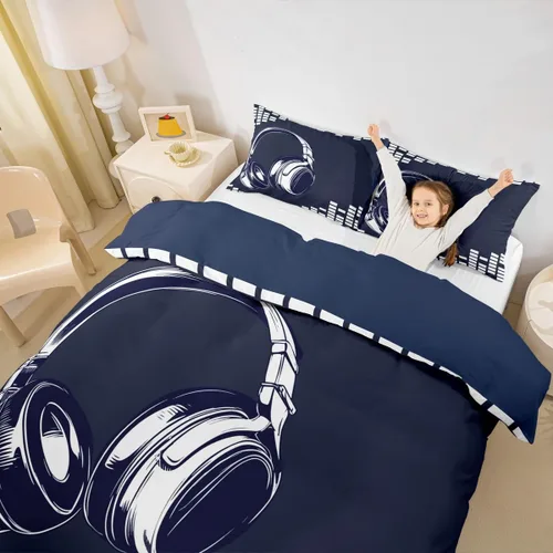 Vista 5 de Feelyou - Funda de edredón con estampado de auriculares, juego de ropa de cama con temática musical, patrón geométrico musical, funda de edredón