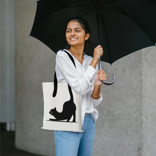 Vista 2 de Diseño impreso de la bolsa de asas de algodón Silhoutte, impresión de gato, Estampado De Gato