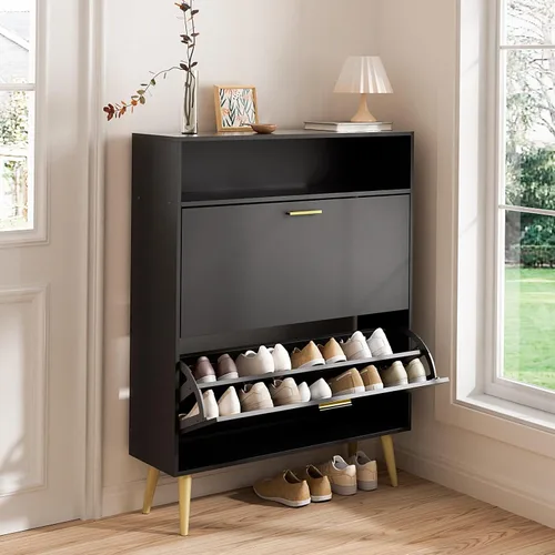 Vista 17 de LYNSOM Armario de zapatos, organizador de zapatos con 2 cajones abatibles, moderno almacenamiento de zapatos de entrada con pantalla superior