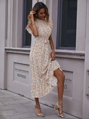 Vista 4 de MakeMeChic Vestido midi con cuello alto y volantes para mujer con mangas casquillo y cinturón