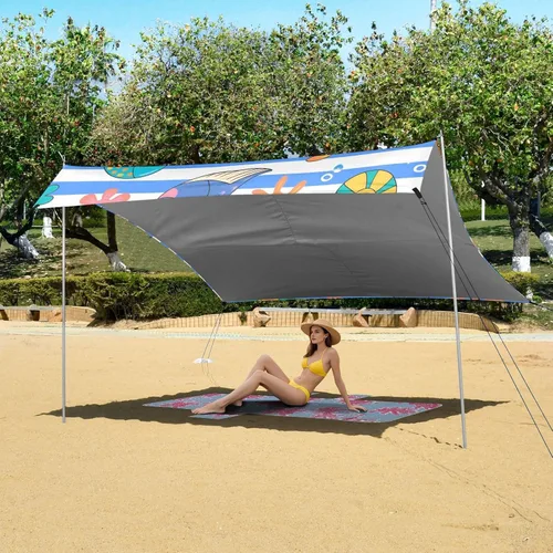 Vista 6 de Blue White Striped sea Animal Beach Cabana Tent UPF50+ Protection Water-Resistant Large Sun Shelter with Sandbags and Shovel for Camping, Picnics
