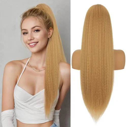 Vista 16 de Benehair Extensión de cola de caballo con cordón, 24 pulgadas de largo, pelo sintético lacio, extensiones de cabello de cola de caballo con clip
