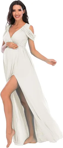 Vista 2 de ZIUMUDY - Vestido de maternidad con hombros descubiertos y cuello en V, envolvente, para sesiones de fotos y baby shower, maxi
