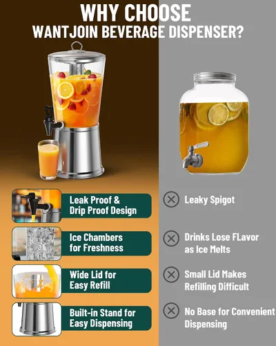 Vista 7 de WantJoin - Dispensador de bebidas con soporte, dispensador de bebidas para fiestas, dispensador de agua de acero inoxidable con núcleo de hielo