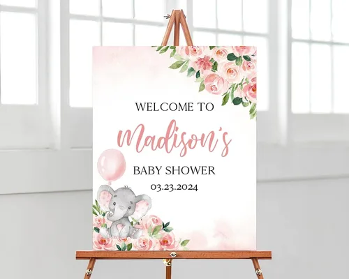 Vista 5 de Letrero de bienvenida de elefante editable para baby shower, letrero floral azul para baby shower, letrero con nombre personalizado para niño o niña