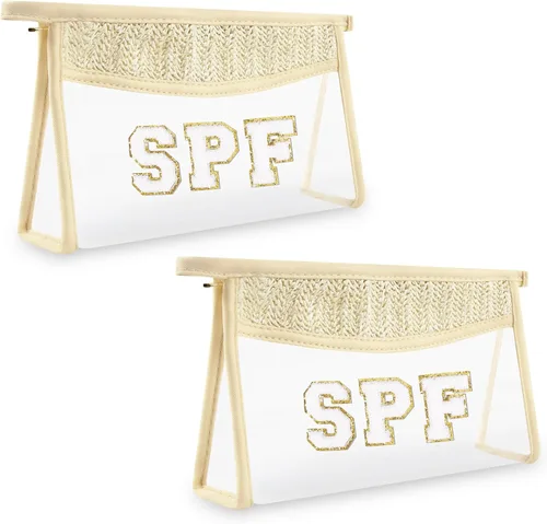 Vista 21 de Iqimott 2 bolsas de maquillaje con parches transparentes, bolsa de letras boho para nadar en la playa, bolsas de maquillaje impermeables