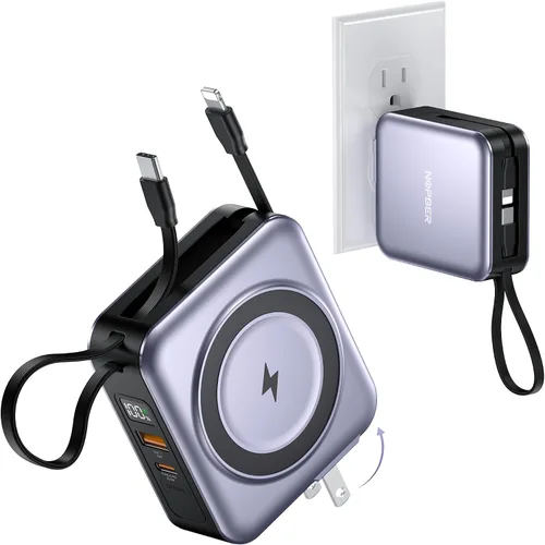 Vista 9 de Banco portátil del poder del cargador 10000mAh construido en cables y enchufe de pared PD 22.5W USB C carga rápida, carga inalámbrica magnética
