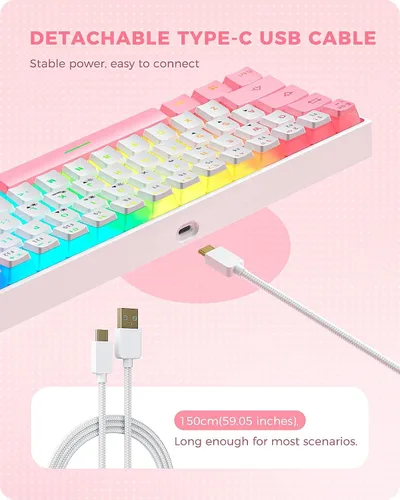 Vista 6 de Seenda Pudding Hacker 61 Teclado mecánico para juegos, mini teclado con cable 60% de dos tonos blanco rosa con retroiluminación RGB personalizable