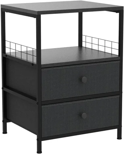 Vista 4 de EnHomee Juego de 2 mesitas de noche de 17.8 pulgadas de ancho, mesa de noche con cajones de tela y estante de madera abierta, red de seguridad