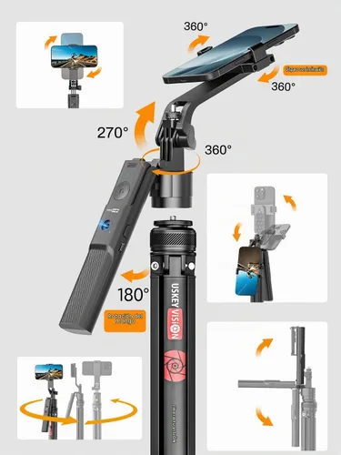 Vista 4 de USKEYVISION Trípode de seguimiento facial automático para iPhone con rotación de 360° con soporte para cámara, trípode de teléfono con control