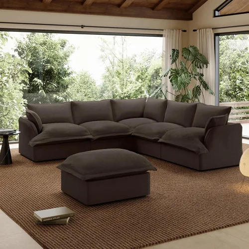 Vista 10 de Sofá modular de mezcla de lino para sala de estar, cómodo sofá modular con relleno de plumón, moderno sofá cama convertible con asiento profundo
