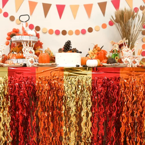 Vista 7 de Decoraciones para fiestas de otoño Mega-L, paquete de 2 faldas de mesa rojas, naranjas y doradas