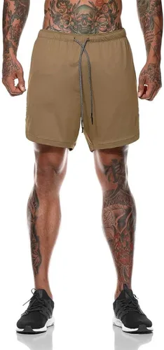 Vista 2 de Akk Pantalones cortos 2 en 1 para hombre, para correr, entrenamiento, yoga, gimnasio, deportes, con bolsillos para teléfono con cremallera