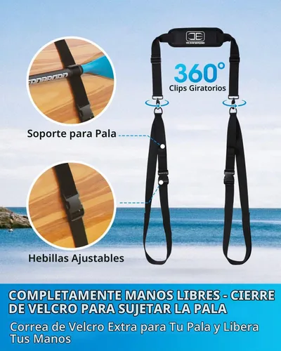 Vista 4 de OCEANBROAD Correa de transporte de hombro ajustable con clips para kayak SUP