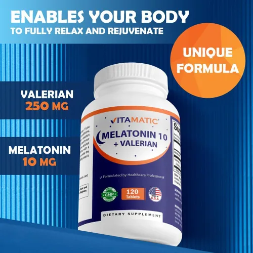 Vista 5 de Vitamatic Melatonina 10mg con raíz de valeriana 4:1 Extracto 250 mg 120 Comprimidos