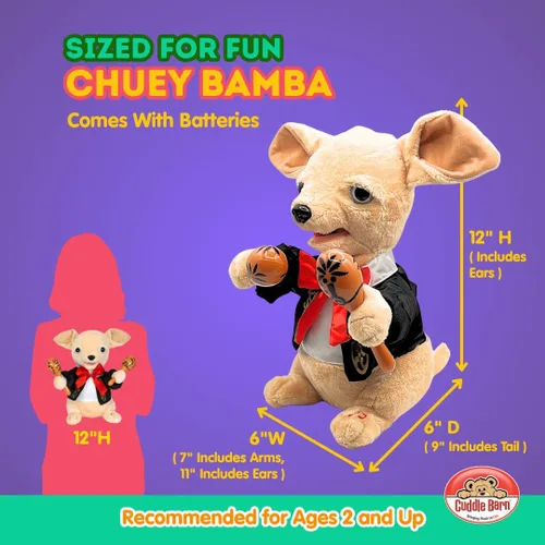 Vista 2 de Cuddle Barn Chuey Bamba Singing Chihuahua - Peluche animado con Maracas, 12 pulgadas