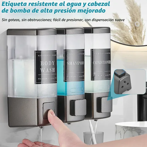 Vista 3 de Dispensador de champú y acondicionador para ducha, 3 cámaras, gris