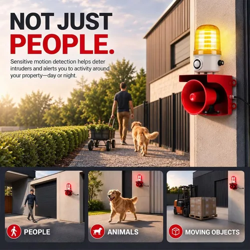 Vista 3 de Alarma con sensor de movimiento AC110V con detección humana, sirena ajustable de 120 dB y luces estroboscópicas LED ámbar, alarma de seguridad al