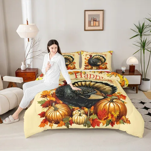 Vista 2 de Erosebridal Juego de edredón individual de pavo de Acción de Gracias, juego de ropa de cama de calabaza con hojas de otoño para niños y adultos