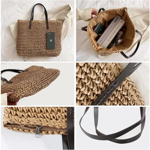 Vista 5 de VODIU Bolso de mano clásico de paja para mujer, bolso de hombro de playa bohemio