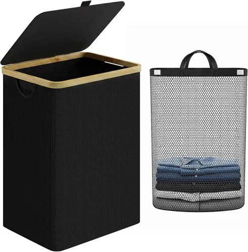 Vista 29 de iEGrow Cesta de lavandería con tapa, cesta grande de lavandería de 110 litros con asa y tapa, organizador de ropa plegable con bolsa interior Beige