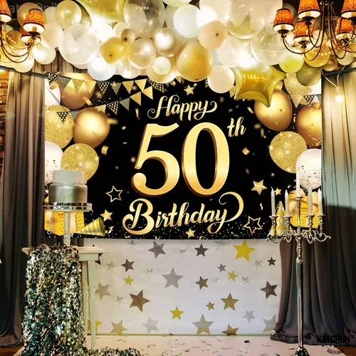 Vista 3 de KatchOn, Fondo de feliz cumpleaños 50, grande, 72 x 44 pulgadas, decoraciones de cumpleaños 50 negro y dorado Cartel de feliz cumpleaños 50