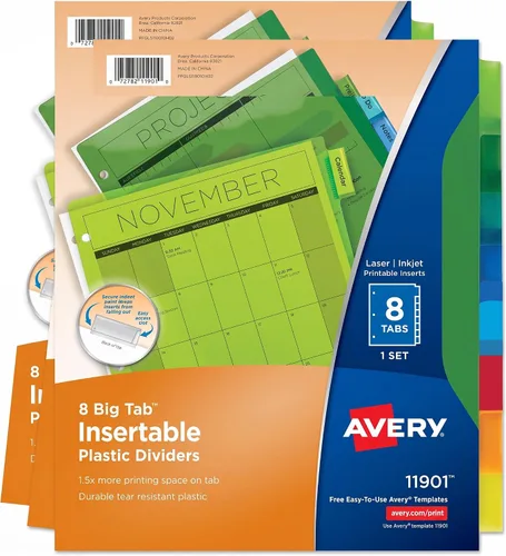 Vista 9 de Separadores Avery para carpetas de 3 anillas, separadores de plástico de 8 pestañas insertables con pestañas grandes, multicolor, 1 juego (11901)