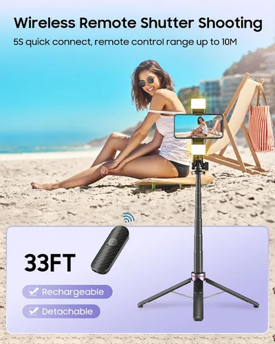 Vista 3 de Trípode para selfie stick de 53 pulgadas con luz, soporte mejorado para teléfono celular de 4 patas, trípode para cámara con control remoto