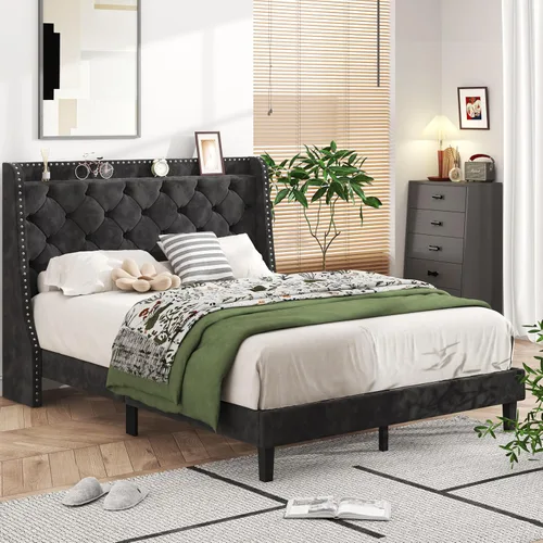Vista 7 de SUNLEI Base de cama Queen con cabecera de almacenamiento, base de cama tapizada de terciopelo con cabecera copetuda con respaldo de alas, soporte