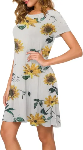 Vista 3 de Vestido de playa casual de verano para mujer, vestido de verano de manga corta, estampado de mariposas, suelto, cuello redondo, vestido de verano