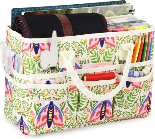 Vista 13 de Bolsa de mano organizadora de manualidades con múltiples bolsillos, gran caddy de almacenamiento de arte con asas para arte, manualidades, costura